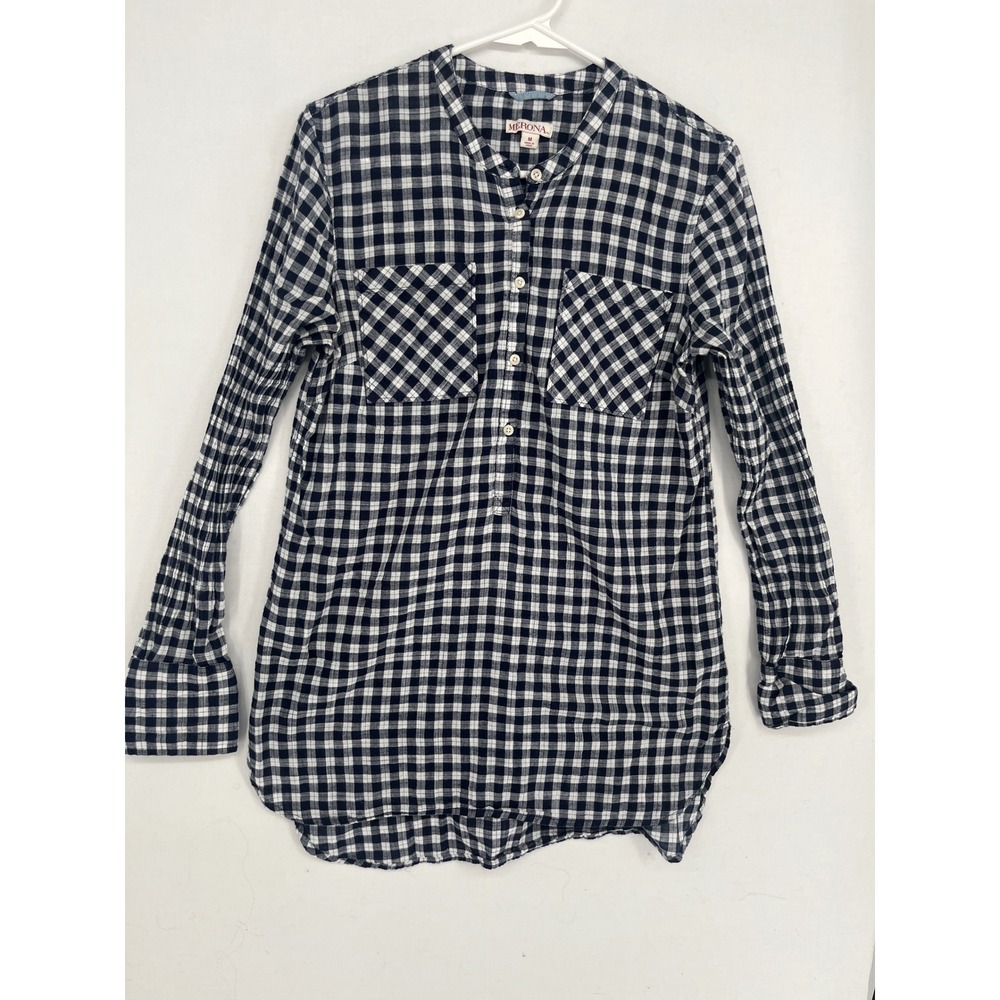 Merona Womens Navy Blue White Gingham Cotton Tunic Top Long Sleeve Size M